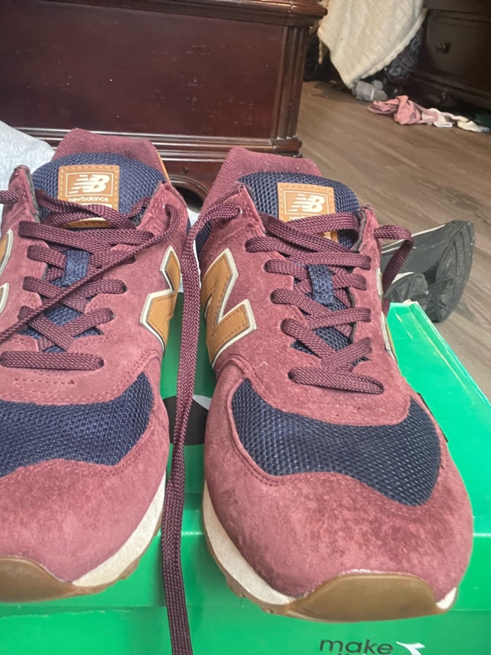 New Balance Men's 574 Burgundy and Navy Suede-Textile Sneaker with Tan Logo